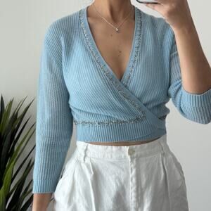 Neiman Marcus Cashmere Wrap Cardigan Large Blue Cropped Sweater Embellished